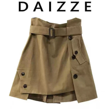 DAIZZE~高级感高腰半身裙花苞裙夏双排扣工装短裙卡其色女牛仔裙