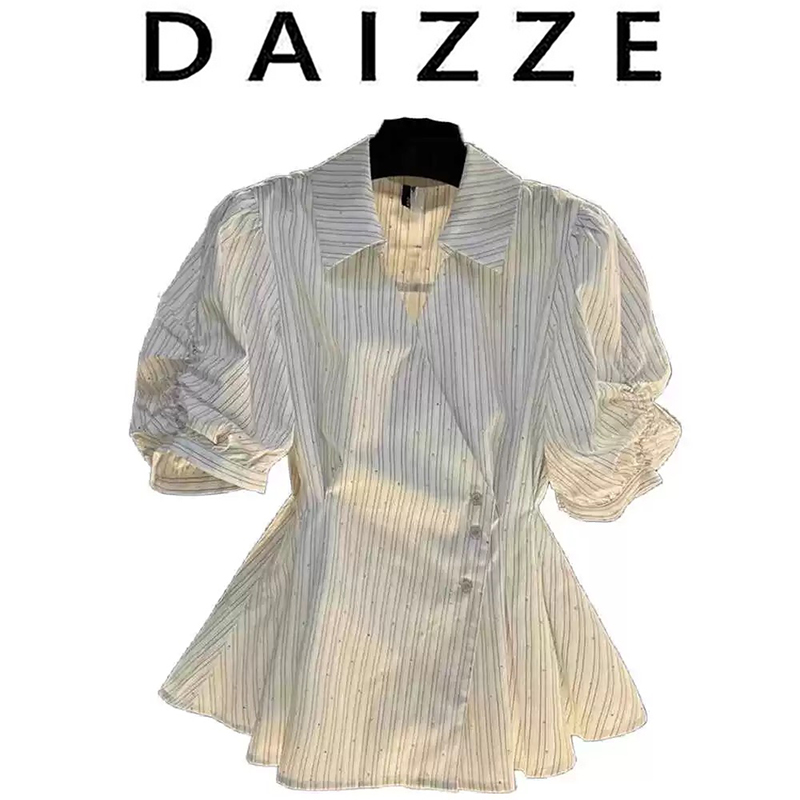 DAIZZE~法式Polo领条纹短袖衬衫女秋新款高级感收腰气质裙摆上衣