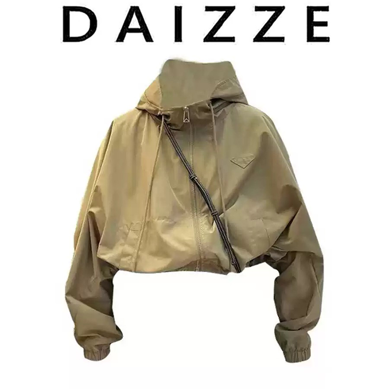 DAIZZE~新款春连帽抽绳长袖拉链宽松收腰口袋冲锋衣运动外套上衣