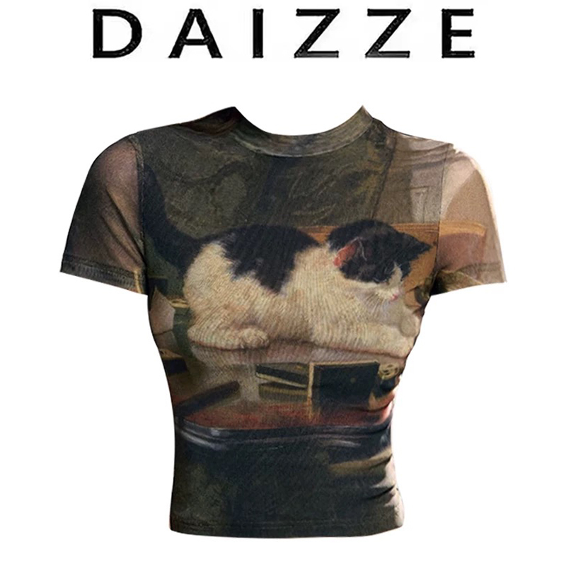 DAIZZE~辣妹小猫印花收腰弹力正肩T恤女半高领显瘦短款小众上衣