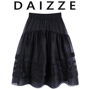 a字短裙 DAIZZE 2025夏季 新款 黑色桑蚕丝蓬蓬半身裙女松紧腰中长款