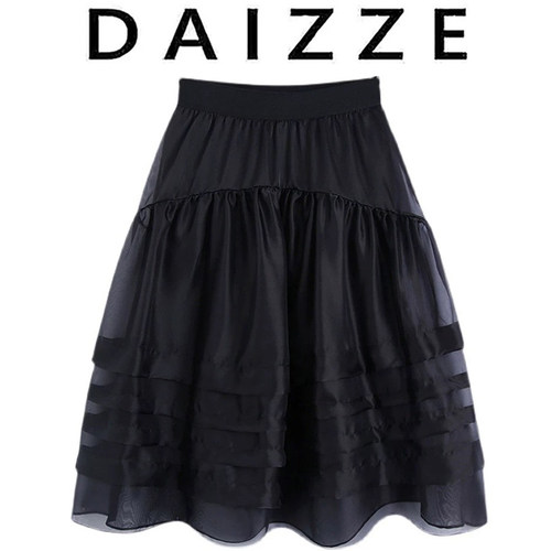 DAIZZE~2025夏季新款黑色桑蚕丝蓬蓬半身裙女松紧腰中长款a字短裙