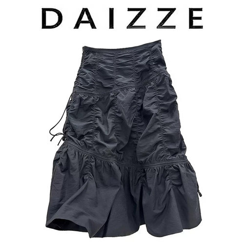 DAIZZE~夏季新款设计感高腰褶皱抽绳显瘦中长A字裙小众气质半身裙