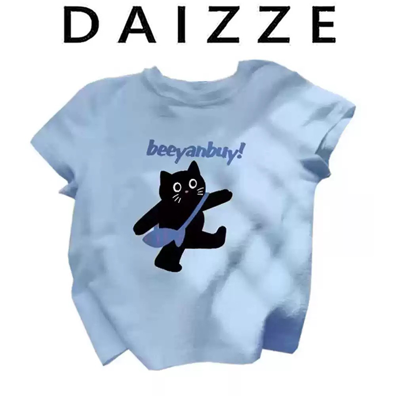 DAIZZE~蓝色多巴胺纯棉短袖T恤女夏季猫咪印花圆领显瘦正肩上衣