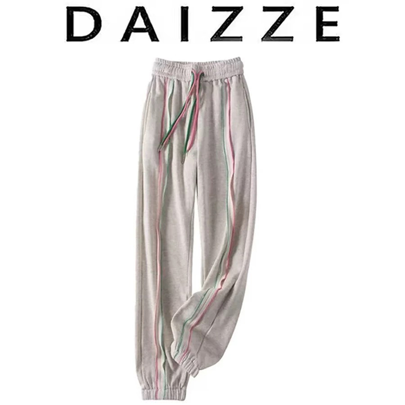 DAIZZE~设计感小众拼色彩色条纹百搭休闲卫裤女夏新款松紧运动裤