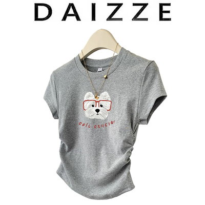 DAIZZE~夏季新款灰色小狗收腰正肩短袖t恤女设计感小众修身短上衣