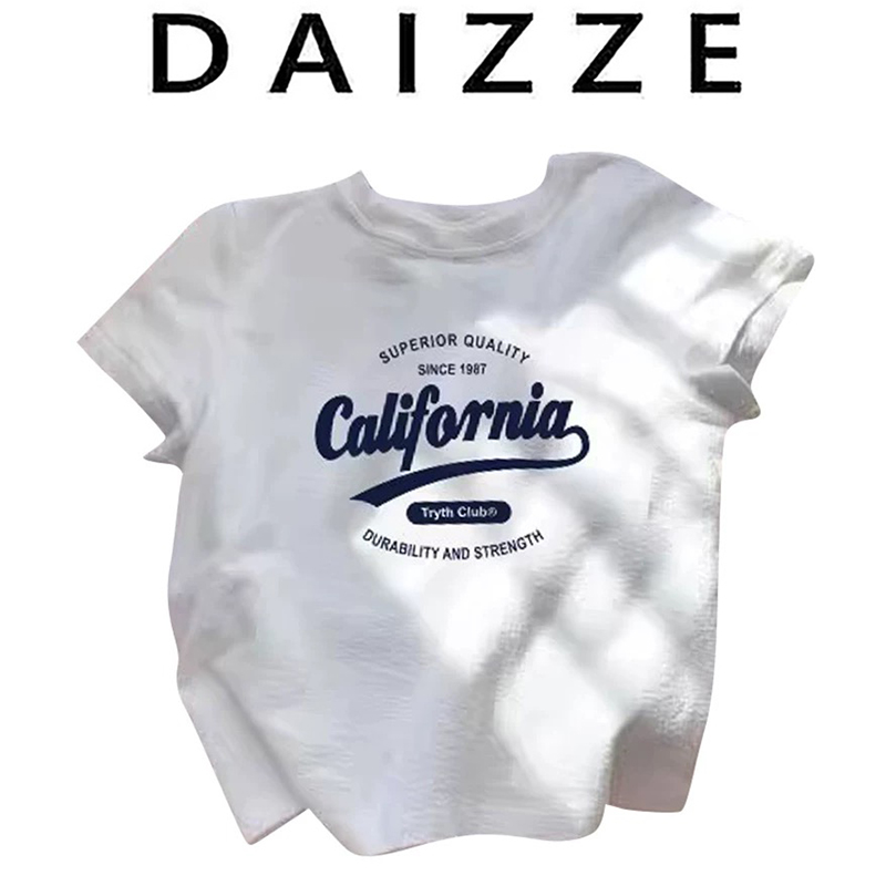 DAIZZE~美式时髦休闲字母印花正肩短袖T恤女夏新款宽松圆领上衣潮