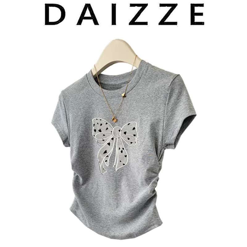 DAIZZE~蝴蝶结正肩短袖t恤女夏新款小个子短款褶皱修身体恤上衣潮