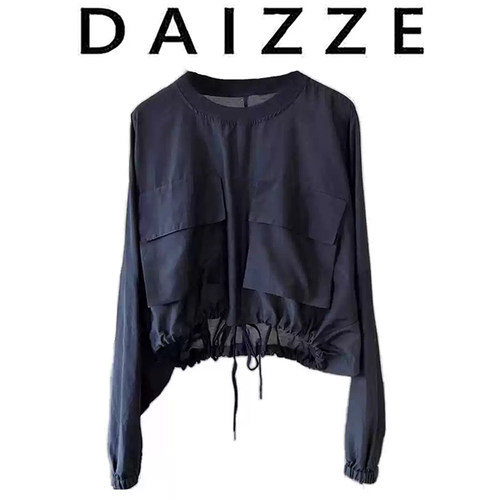 DAIZZE~法式藏蓝色衬衫女2025春新款下摆抽绳设计感宽松百搭上衣