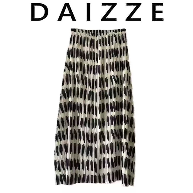 DAIZZE~三宅花瓣松紧半身裙女夏季新款褶皱气质印花大摆中长裙子