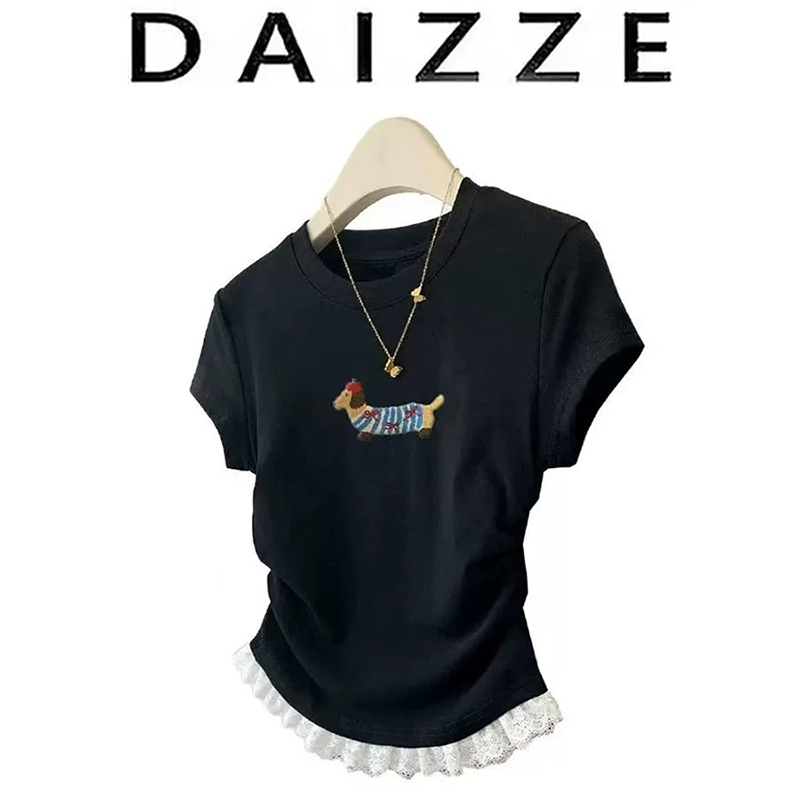 DAIZZE~2025夏新款韩版小狗蕾丝百搭短袖t恤女正肩修身收腰上衣潮