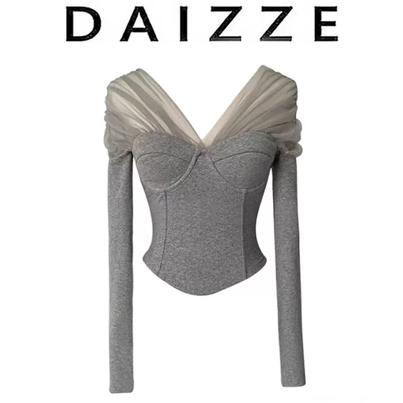 DAIZZE~春秋纯欲风网纱拼接V领长袖上衣女修身短款假两件打底T恤