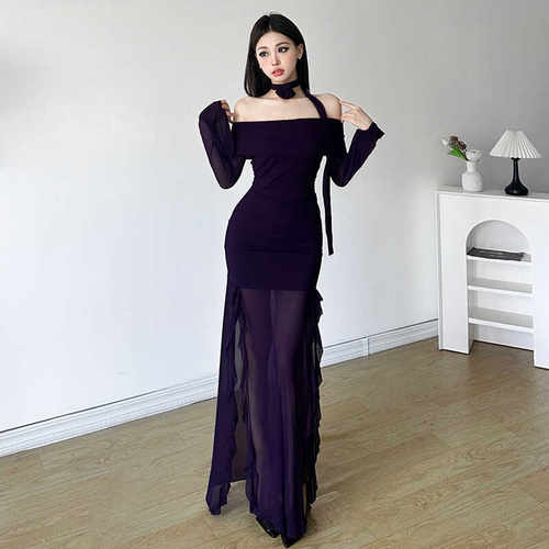 荷叶边烧烧的长裙紫韵千金御姐