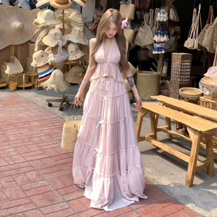 飘逸长裙套装 Amyway 纯欲挂脖V领蕾丝花边背心上衣 浪漫 法式