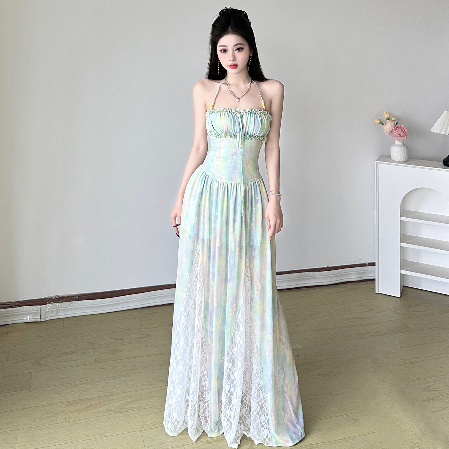Amyway【梦幻彩虹】法式复古油画晕染挂脖吊带连衣裙蕾丝拼接长裙