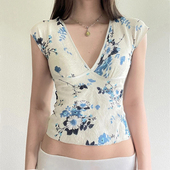 Amyway 上衣V领性感小众花卉T恤 纯欲辣妹碎花短袖 法式 田园风