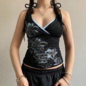 Amyway 上衣 90S辣妹性感印花吊带女撞色V领背心无袖 美式 古着