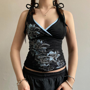 90S辣妹性感印花吊带女撞色V领背心无袖 古着 上衣 美式 Amyway