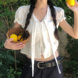衬衫 Amyway 绑带正肩短袖 韩系甜美 女上衣 复古纯欲风系带泡泡袖