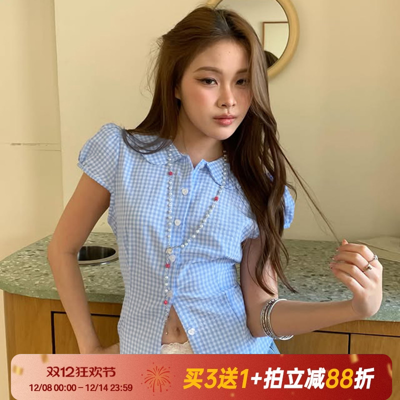 【法式甜美】少女风翻领格纹短袖