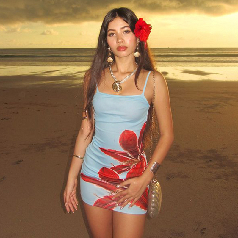 【日落海滩】复古法式花卉吊带裙