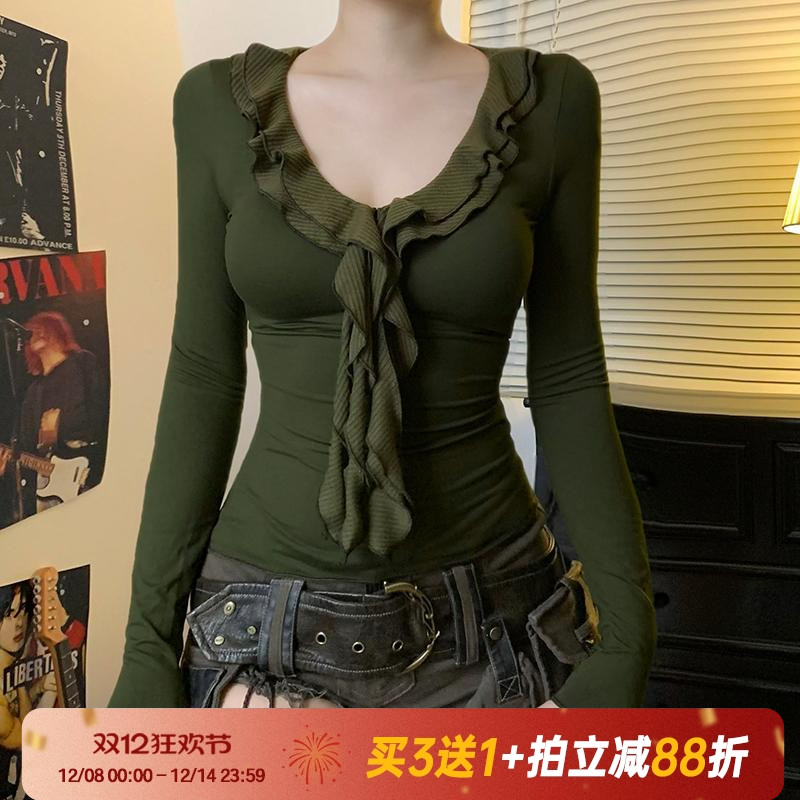 低领长袖气质复古荷叶边设计