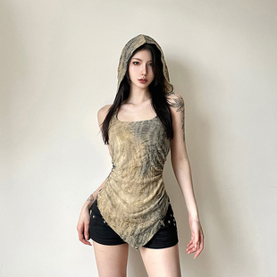 Amyway废土沙丘风连帽晕染渐变色做旧磨破背心女露背收腰褶皱上衣