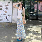 法式 Amyway 海洋花卉 蓝色系清新纯欲碎花半身裙网纱雪纺长裙