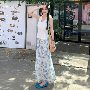 蓝色系清新纯欲碎花半身裙网纱雪纺长裙 法式 Amyway 海洋花卉