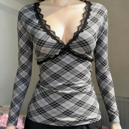 【美式辣妹风】复古格纹V领长袖