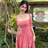 Amyway海边度假风玫粉色少女感纯欲连衣裙 复古褶皱收腰显瘦长裙