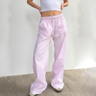 女 直筒阔腿松紧腰带长裤 Amyway美式 辣妹BM风纯欲复古条纹休闲裤