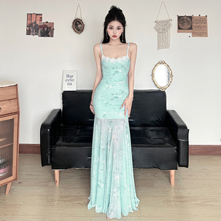 Amyway【贝加尔湖】海岛芭蕾风蕾丝拼接花卉网纱吊带裙度假长裙