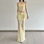 性感蕾丝网纱吊带 Amyway 纯欲复古 鱼尾裙褶皱花边设计长裙女