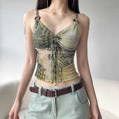 Amyway森系复古绿系带吊带低领背心 渐变网纱古着感印花抹胸上衣