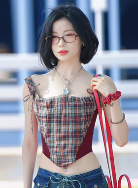 Amyway【爱豆Asa同款】甜美复古格纹系带背心女拼接撞色吊带上衣