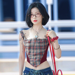 Amyway 甜美复古格纹系带背心女拼接撞色吊带上衣 爱豆Asa同款