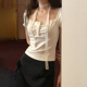 Amyway T恤纽扣褶皱上衣 纯欲蕾丝挂脖飘带方领短袖 法式 少女