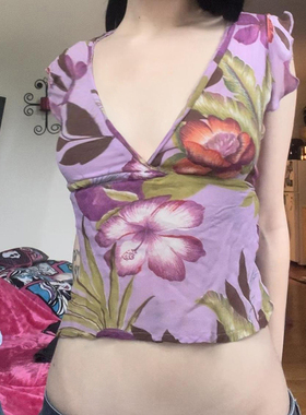 Amyway【古着辣妹】纯欲风紫色系复古花卉短袖T恤女系带收腰上衣