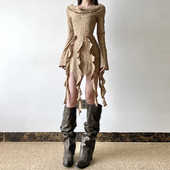 Amyway复古废土风沙漠穿搭辣妹短裙 一字肩褶皱破烂风飘带连衣裙