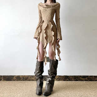 Amyway复古废土风沙漠穿搭辣妹短裙 一字肩褶皱破烂风飘带连衣裙