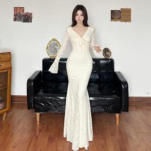 Amyway法式 纯欲风性感V领连衣裙 复古高级感系带蕾丝长裙鱼尾裙