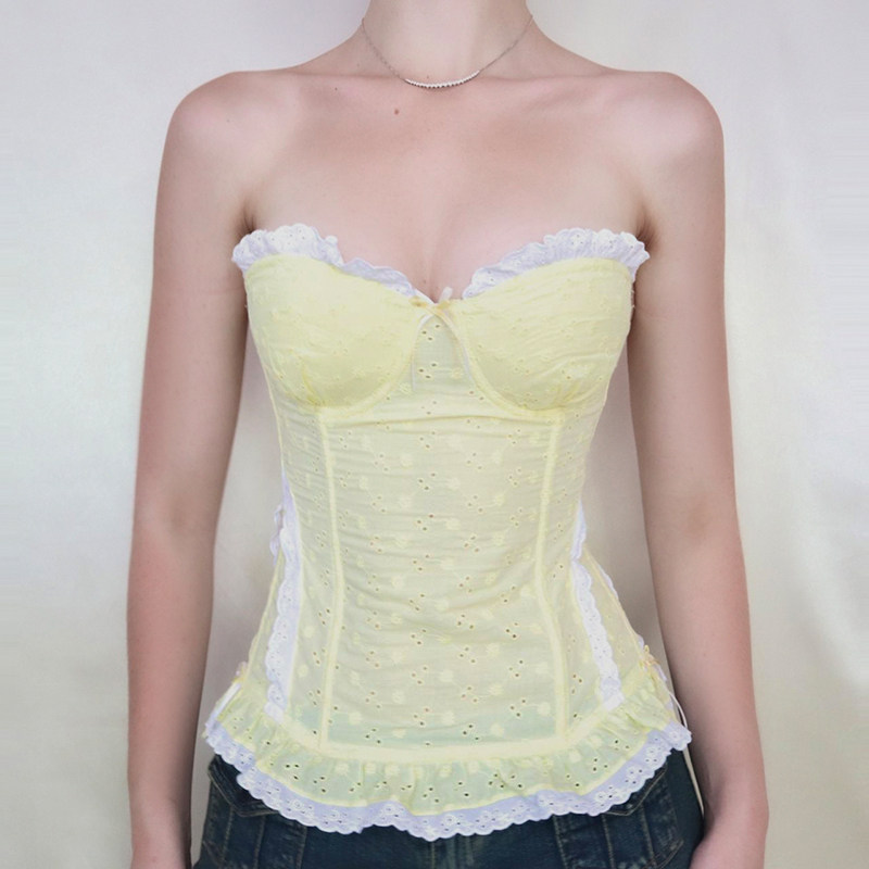 Amyway【夏日清新】法式纯欲风蕾丝拼接鱼骨胸衣性感抹胸花边吊带