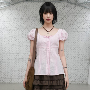 Amyway 上衣收腰绑带少女感T恤女 甜美纯欲 蝴蝶结系带泡泡袖