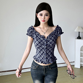 美式 辣妹 复古格纹V领泡泡袖 Amyway 短袖 T恤收腰显瘦荷叶边上衣