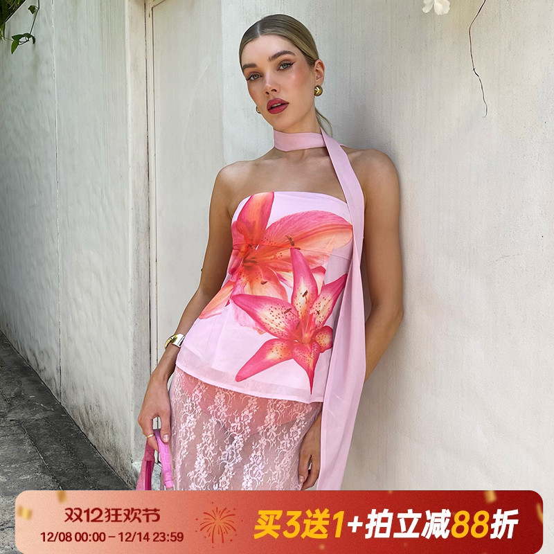 【热带岛屿】度假风粉色花卉抹胸