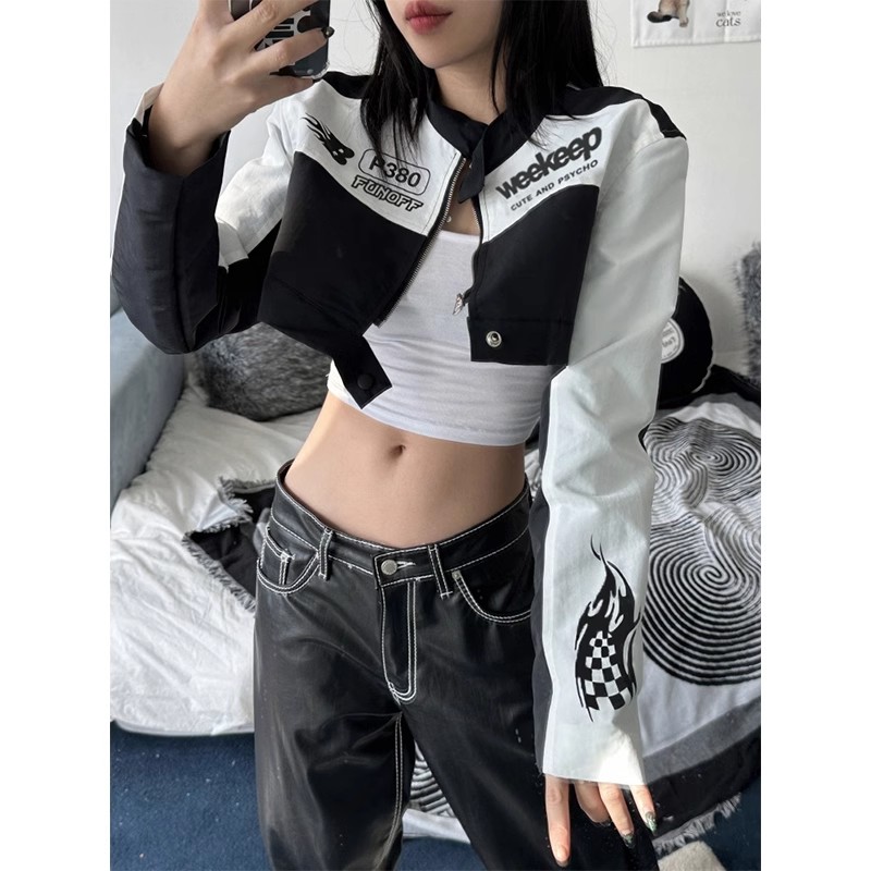 复古PU夹克外套黑白撞色皮衣