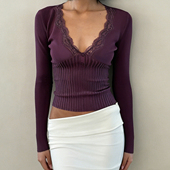 打底衫 Amyway 上衣 深V蕾丝边长袖 T恤女紫色针织修身 法式 性感风