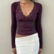 打底衫 Amyway 上衣 深V蕾丝边长袖 T恤女紫色针织修身 法式 性感风