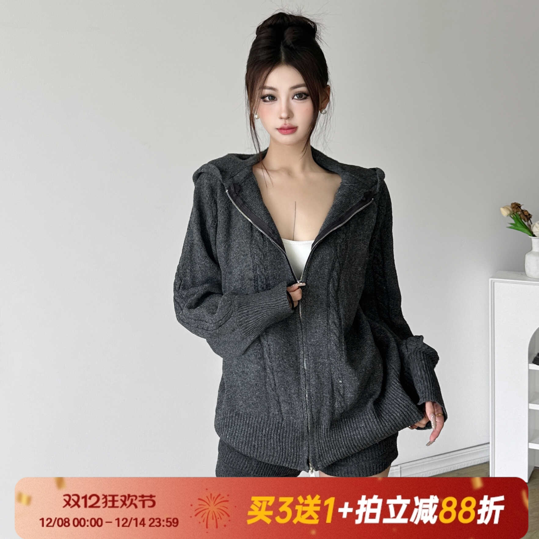 拉链连帽短裤套装复古上衣Amyway